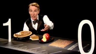 Bill Nye shows off some of the wonderful fractions existing between 0 and 1, like a piece of pumpkin pie, a bite of an apple, and change.