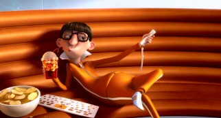 Gru's nerdy, seemingly superior nemesis Vector (voiced by Jason Segel) chills out in his heavily-guarded fortress.