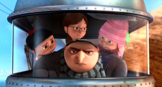 Gru (voiced by Steve Carell) becomes an unlikely father to cookie-selling orphan girls Agnes, Margo, and Edith.