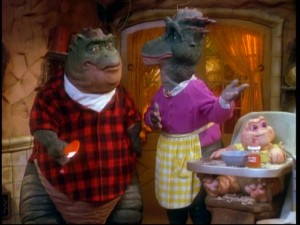 Earl, Fran, and Baby Sinclair: a new modern Stone Age family.