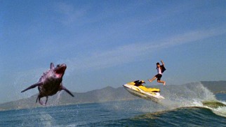 It's Dinoshark vs. human jet skier in the movie's climactic near-finale showdown.