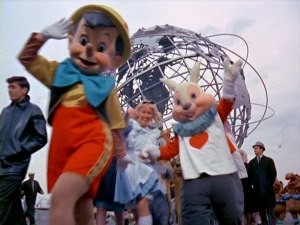 Animated Disney characters march out in three dimensions before the Unisphere at the 1964-65 New York World's Fair.