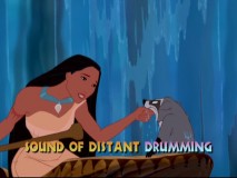 Pocahontas energetically sings "Just Around the Riverbend" to her portly raccoon friend Meeko.