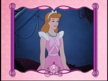 Cinderella, dressed in pink. "Cinderella", bordered in pink.