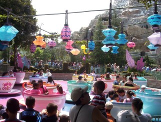One of the spinning teacups of the Mad Tea Party has gone gold for Disneyland's 50th.