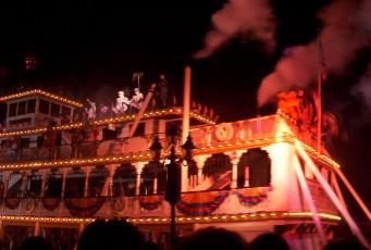 Disney characters, from "Mary Poppins" chimney sweeps to Buzz and Woody, appear aboard the Sailing Ship Columbia at the end of "Fantasmic!"