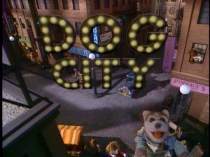 The title logo appears in lights as the residents of Dog City sing the titular theme song "Dog City."