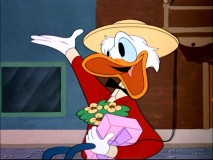 Donald greets passersby as he rides his unicycle in the turn of the century short "Crazy Over Daisy."