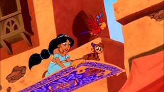 In search of a missing horse, Jasmine and Abu take a magic carpet ride with Iago flying nearby.