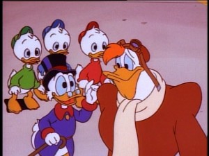 Scrooge tries to butter up his pilot Launchpad McQuack.