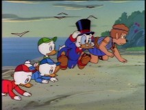 Huey, Louie, Dewey, Scrooge, and Homer reach the shore in "Home Sweet Homer."