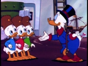 The nephews don their Junior Woodchuck hats, as Scrooge holds a model ship central to 5-part pilot "Treasure of the Golden Suns."