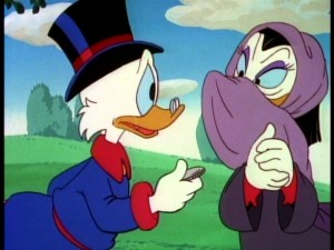 That is certainly not Magica De Spell that Scrooge is about to give his lucky dime to.