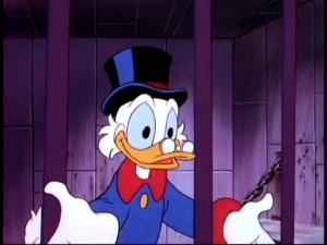 Despite being jailed in the future, Scrooge McDuck is happy to have visitors.