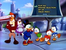 Disc 1's Main Menu recalls the glad time when the boys were inexplicably hungry for Mrs. Beakleys cooking in the middle of Magicas futuristic suburb.