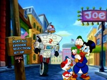 Scrooge and the boys share a moment near a large sign that calls himself Joe in this main menu from Disc 3.