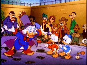 Scrooge's new overly generous persona has scared Louie out of this shot.