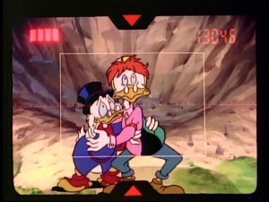 Scrooge McDuck and Gyro Gearloose pay only mild attention to the giant robot about to destroy them.