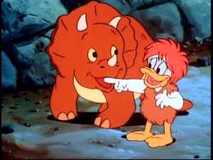 Bubba and his pet Tootsie are amused at Launchpad's clumsiness.