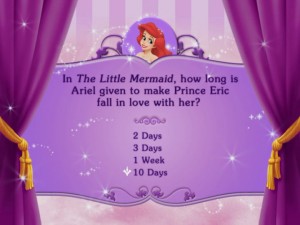 This is the type of trivia you can expect, assuming you will be playing "Disney DVD Game World: Disney Princess Edition."