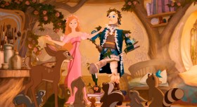 In the animated world of Andalasia, Giselle sings of meeting a prince (represented by the mouthless hodgepodge) and experiencing true love's kiss, while creatures of the forest listen on in Disney's "Enchanted."