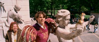 Three more residents of Andalasia scout out New York's Columbus Circle. They are, left to right: Nathaniel (Timothy Spall), Prince Edward (James Marsden) and, on statue arm, Pip the chipmunk.