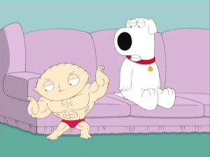 Stewie flexes his steroids-induced muscles for an unimpressed Brian.