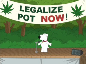 If Brian's speech to legalize pot doesn't get the message across, his banner surely will.