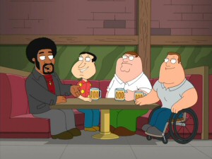 While Quagmire and Joe have immediately taken a liking to Jerome, Peter's not as thrilled after finding out Lois used to date him.