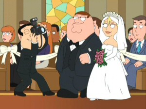 As Quagmire snaps several shots, Peter smugly walks Brian's ex-girlfriend Jillian down the aisle.