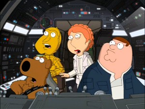 Chewbacca (Brian), C-3PO (Quagmire), Princess Leia (Lois), and Han Solo (Peter) are aboard "Family Guy"'s Millennium Falcon.