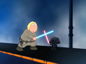 Luke Skywalker (Chris Griffin) and Darth Vader (Stewie Griffin) engage in a lightsaber duel across a busy space highway, where traffic and rules of sportsmanlike conduct interrupt their tension.
