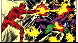 Johnny tries to torch The Thing by putting flame on his coat, seen in "Comic Book to Film."