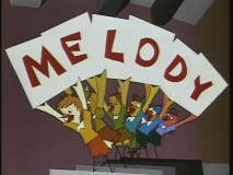 Six eager bird classmates just happens to have letter cards with them that spell out the word "Melody" in the classic short "Adventures in Music: Melody."