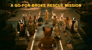 The font may be different, but the color is the same. Yellow onscreen text, a staple of Wes Anderson cinema, regularly appears. Here, crafty Mr. Fox hatches another group plan.