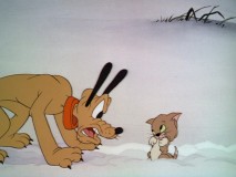 Pluto is none too pleased to discover he has rescued a defenseless kitty in "Lend a Paw", the other random bonus caroon short found on the disc.