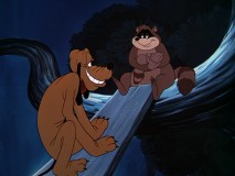 Turned soft by the sight of raccoon and his baby (coonskin cap), Pluto ain't much of a "R'Coon Dawg."