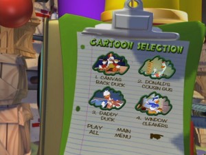 The individual cartoons can be selected from a clipboard  hung up inside the Funny Factory.