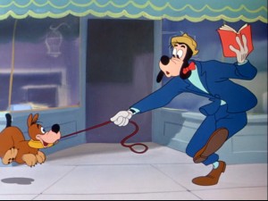 The puppy is Goofy's pet, but Goofy isn't quite his master.