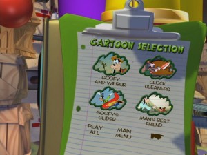 The Cartoon Selection screen fits in the Funny Factory motif and even includes a few hidden gags of its own.