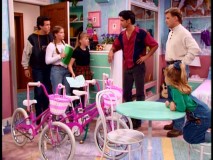 Steve, D.J., and Stephanie are surprised to find not one, not two, but three hot pink bicycles in Michelle and Stephanie's room. (And when I say "hot", I mean "hot.")