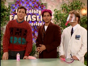 Danny, Jesse, and Joey record an infomercial for Jesse's new invention, the Sprayguard 2001. In case you can't tell from the magenta locks atop Uncle Jesse's carefully-coifed head, it is not a success.