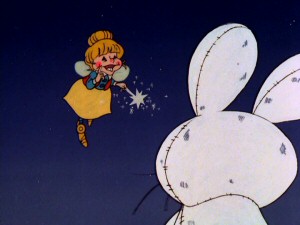 Calliope the fairy, a briefly-seen deus ex machina, saves Stuffy, turns him real, and appoints him the first Easter Rabbit (not to be confused with the Easter Bunny?).