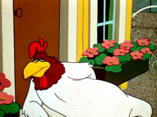 Having wrangled with Henery Hawk, Foghorn Leghorn crashes into a front door as the closing gag of "Strangled Eggs."