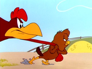 Pint-sized chicken hawk Henery Hawk pulls his repeat nemesis Foghorn Leghorn by his wattle in 1955's "All Fowled Up."