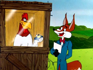 With a game show setup, this sharp-dressed fox slyly uses Foghorn Leghorn to blow up Barnyard Dawg in "Fox-Terror."