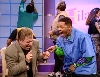 Still high on a dentist's laughing gas, William Shatner and Will Smith clown around hilariously on the set of the talk show "Hilary."