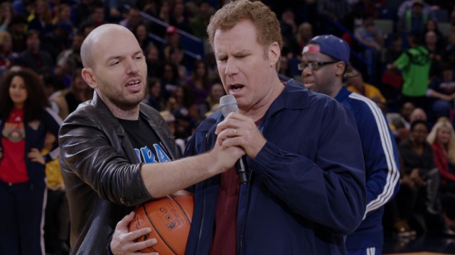 A drunken Brad Whitaker (Will Ferrell) spills his thoughts and prepares to take a half-court shot at halftime of the Pelicans-Lakers game.