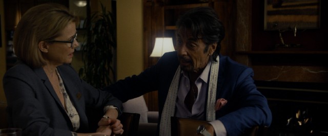 Danny Collins (Al Pacino) pursues a dinner date with Woodcliff Lake Hilton manager Mary Sinclair (Annette Bening) for much of the movie.