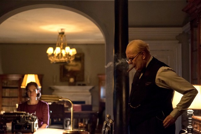 In "Darkest Hour", Prime Minister Winston Churchill (Gary Oldman) belittles his new typist Elizabeth Layton (Lily James) for not double spacing his dictation.